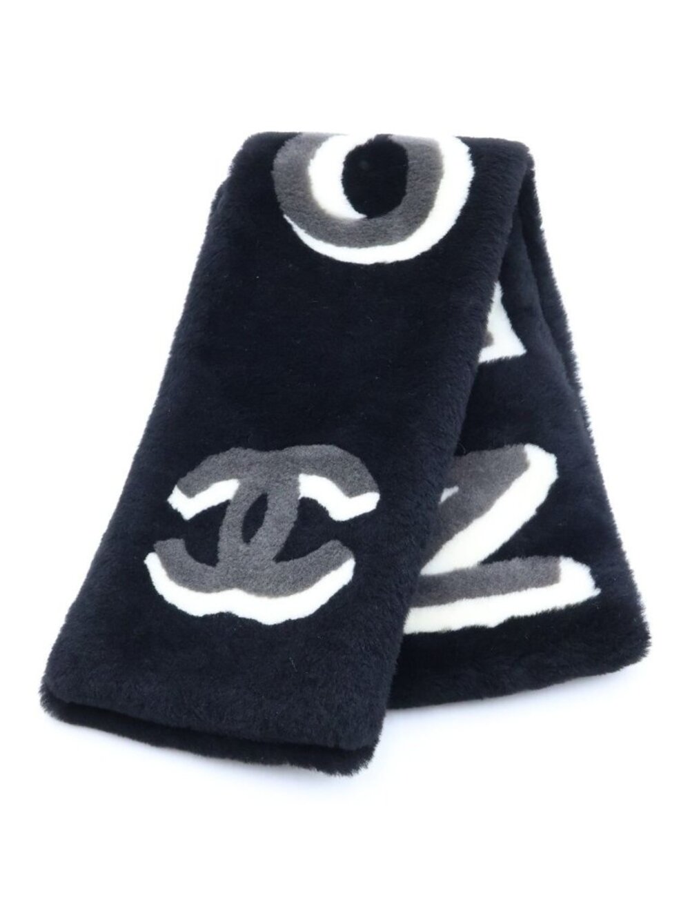 Chanel Shearling CC Logo Cashmere Fleece Scarf Black